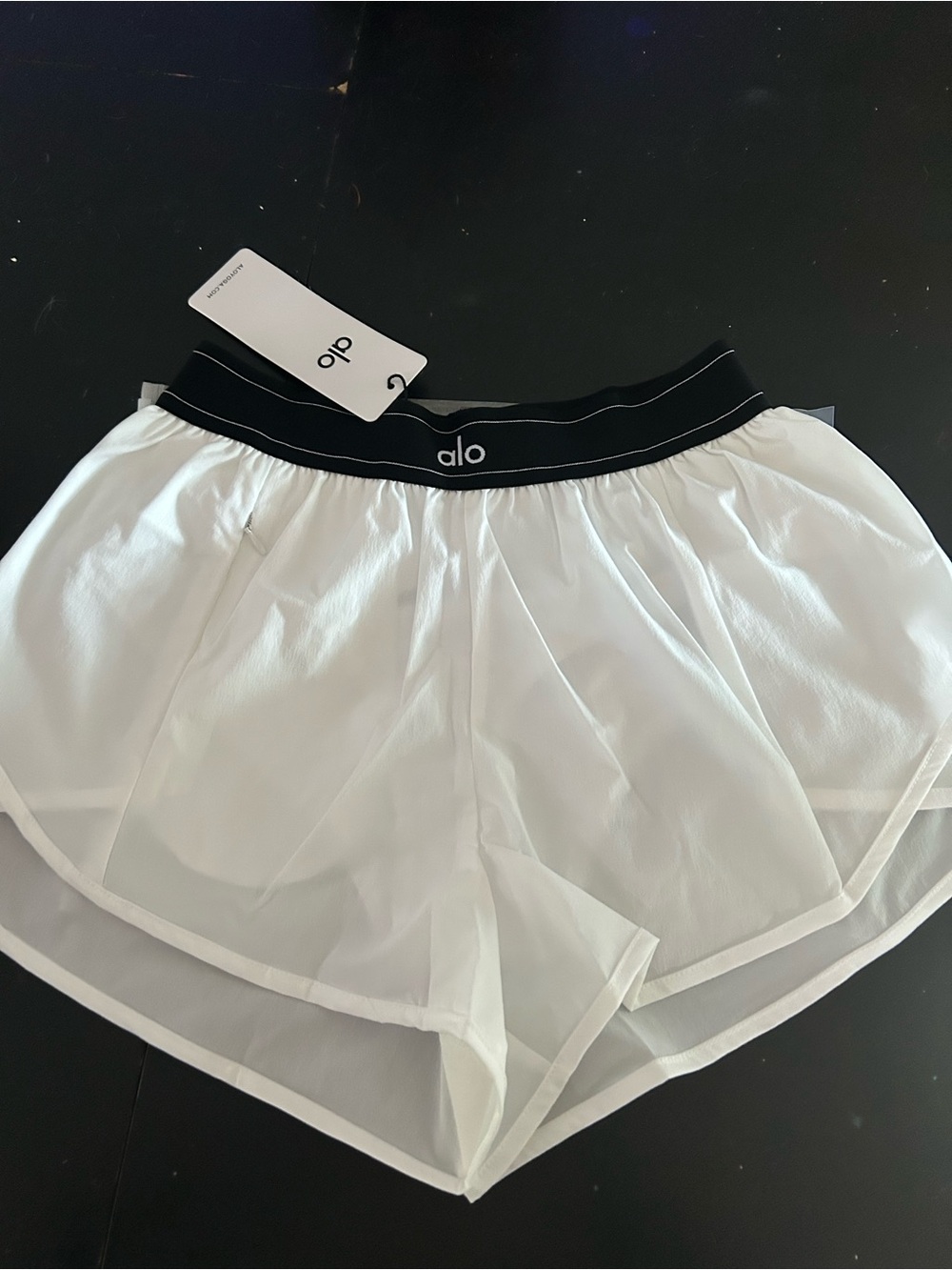 ALO Yoga White Athletic Shorts with Black Elastic Waistband